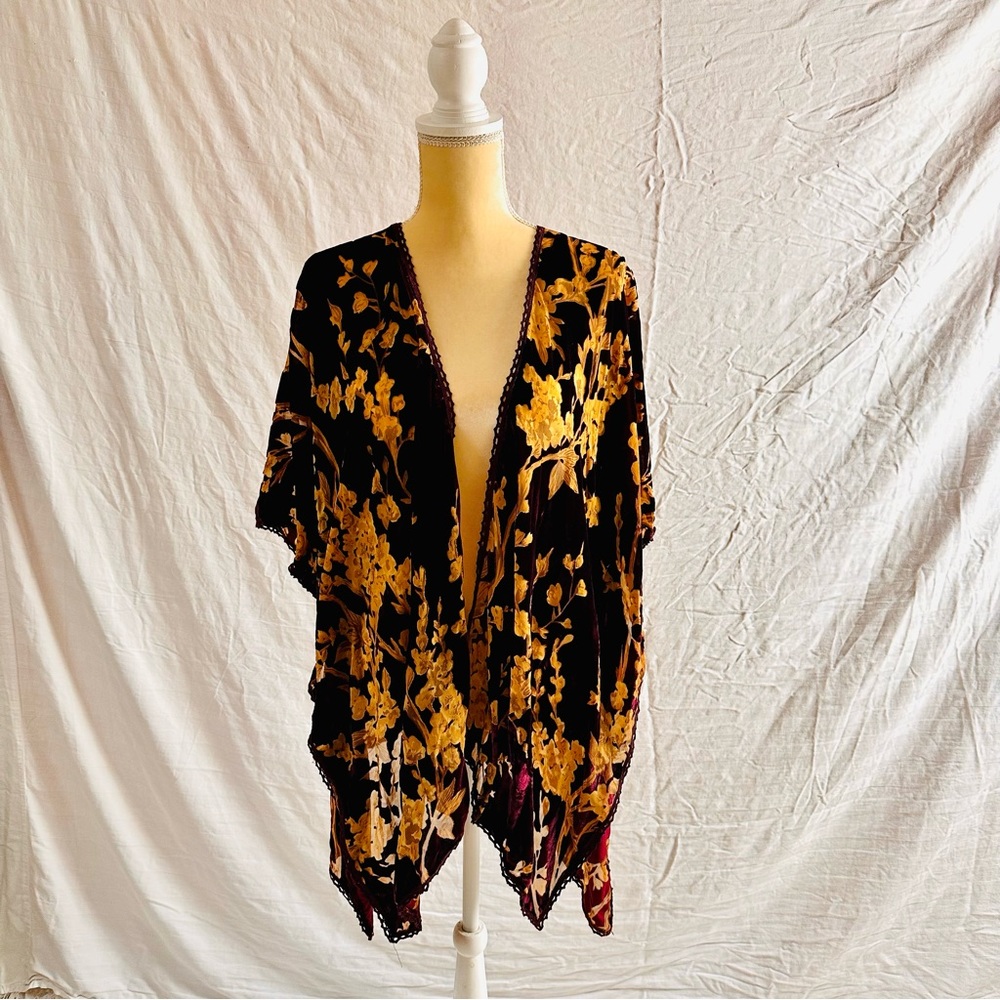 Natural Life Burnt-Out Velvet Open Front Long Shrug Top Burgundy One Size